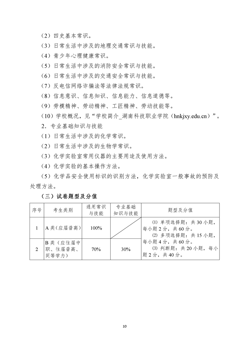 湖南科技职业学院2023年单独招生考试大纲